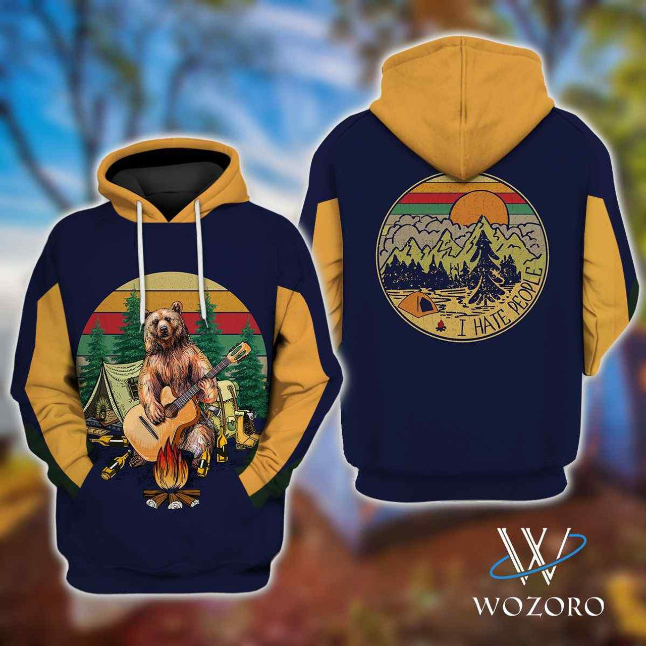 FUNSTUFFPRINT Bear Plays Guitar I Hate People Vintage Camping 3D Hoodie and Zip Hoodie