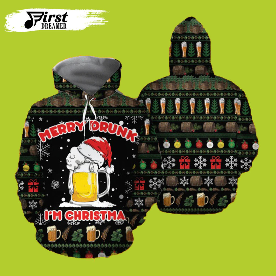 FUNSTUFFPRINT Beer Merry Drunk I’m Christmas 3D Hoodie and Zip Hoodie