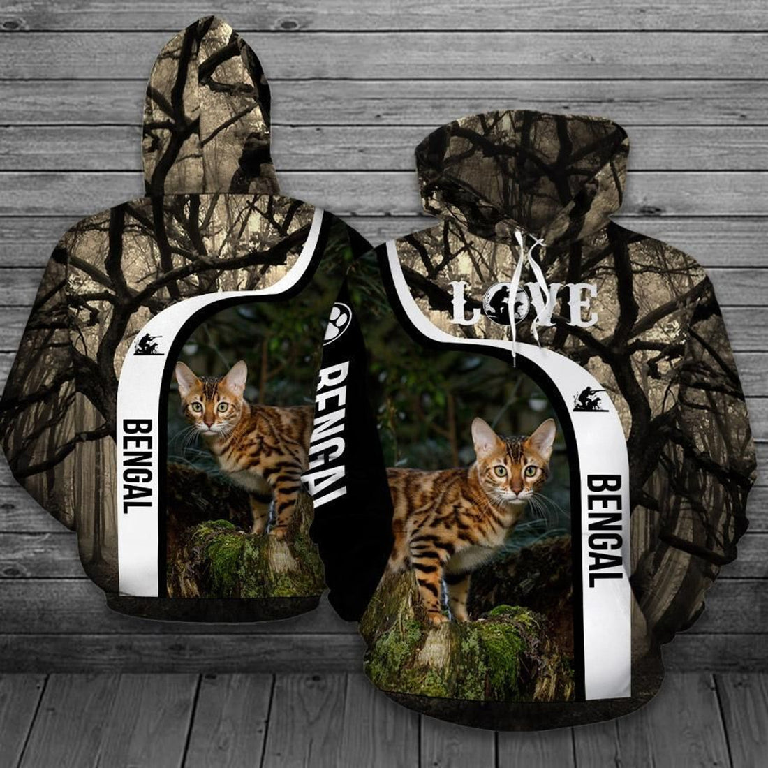 FUNSTUFFPRINT Bengal Cat In The Forest Love Cat 3D Hoodie and Zip Hoodie