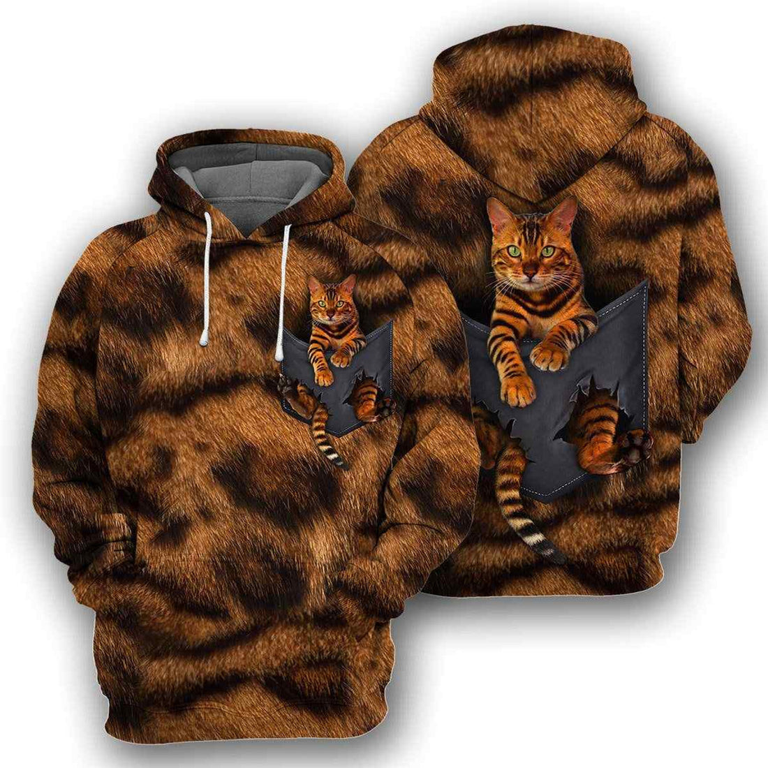FUNSTUFFPRINT Bengal Cat Pocket All Over Printed Hoodie Cat Lovers 3D Hoodie and Zip Hoodie