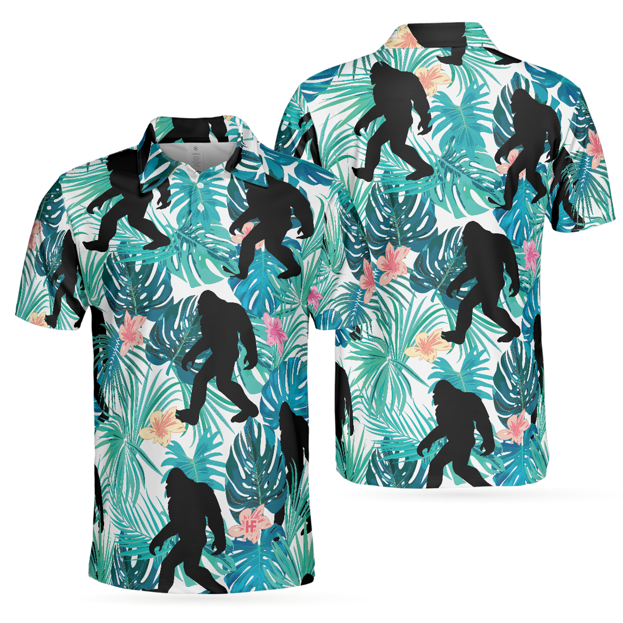 Bigfoot Tropical Short Sleeve Polo Shirt, Floral And Leaves Polo Shirt, Best Bigfoot Shirt For Men