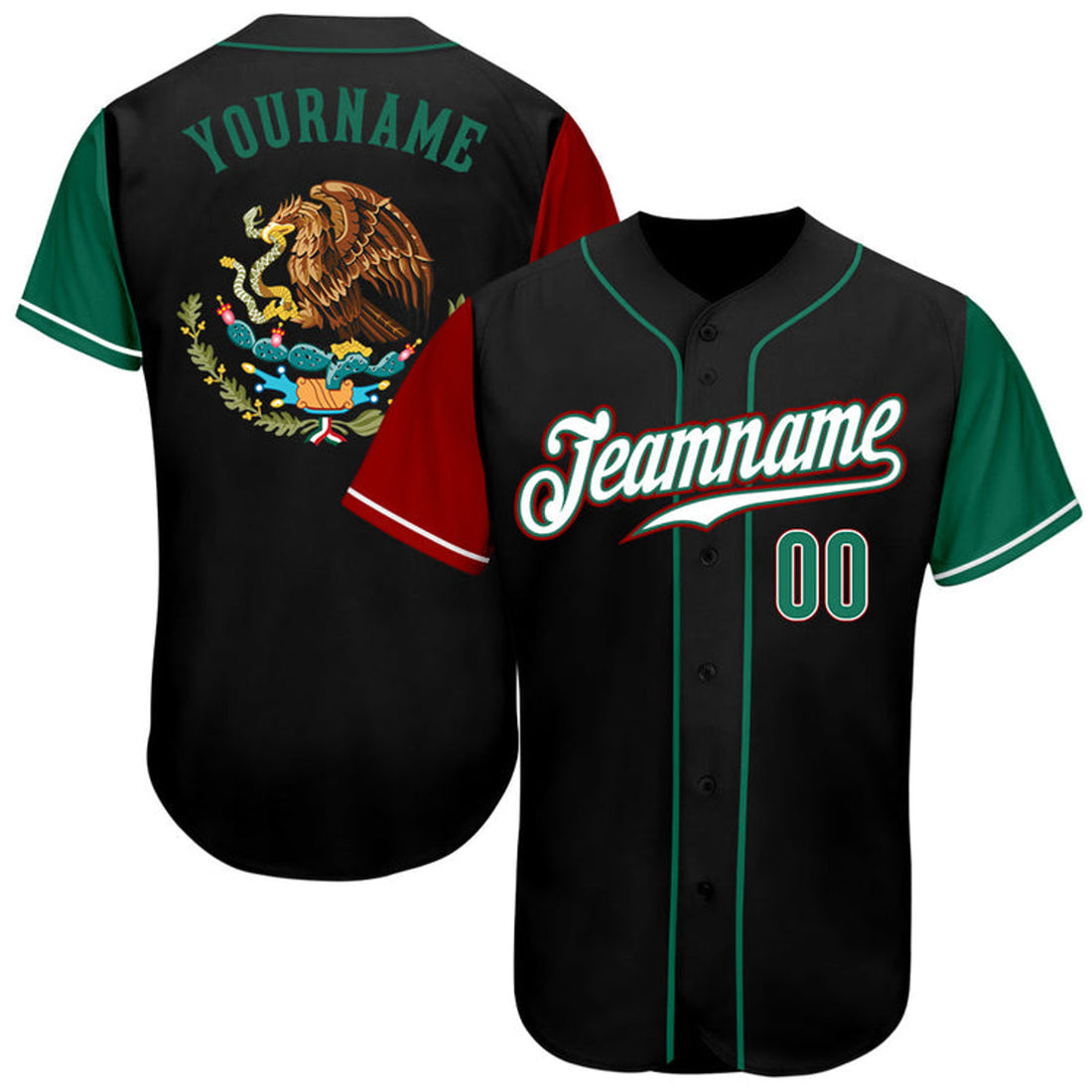 Custom Black Kelly Green-Red Authentic Mexico Two Tone Baseball Jersey