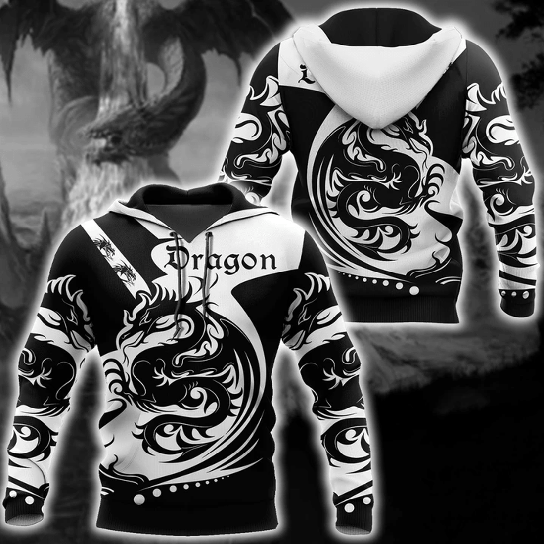 FUNSTUFFPRINT Black And White Dragon 3D Hoodie and Zip Hoodie