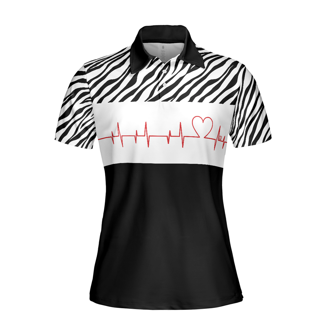 Bowling Heartbeat Zebra Pattern Short Sleeve Women Polo Shirt, Bowling Shirt For Ladies