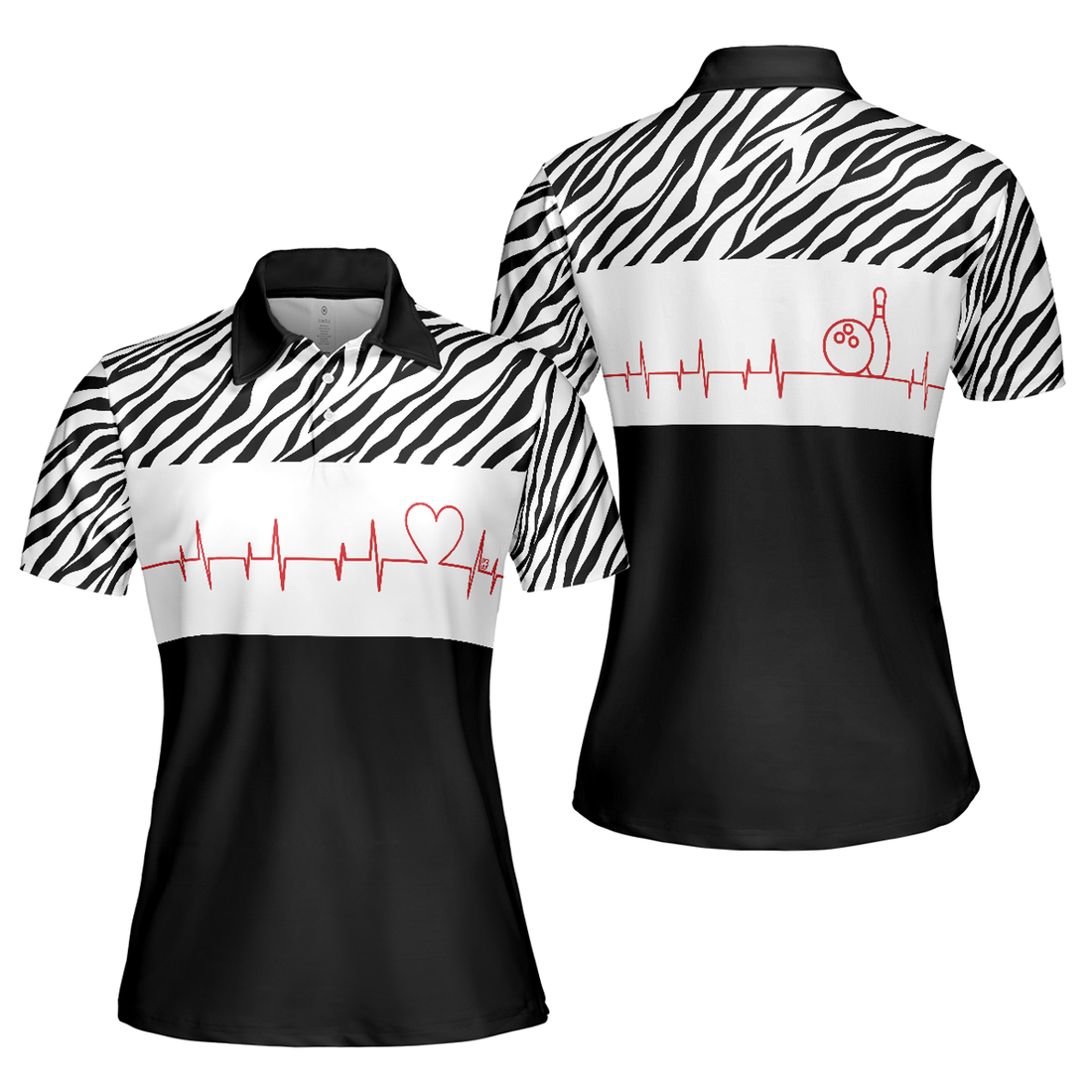 Bowling Heartbeat Zebra Pattern Short Sleeve Women Polo Shirt, Bowling Shirt For Ladies