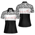 Bowling Heartbeat Zebra Pattern Short Sleeve Women Polo Shirt, Bowling Shirt For Ladies