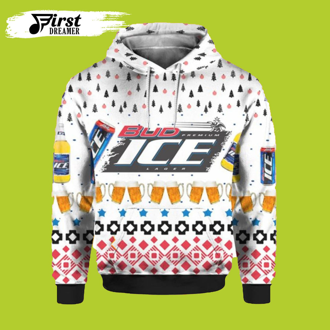 FUNSTUFFPRINT Bud Ice Beer Ugly Christmas 3D Hoodie and Zip Hoodie