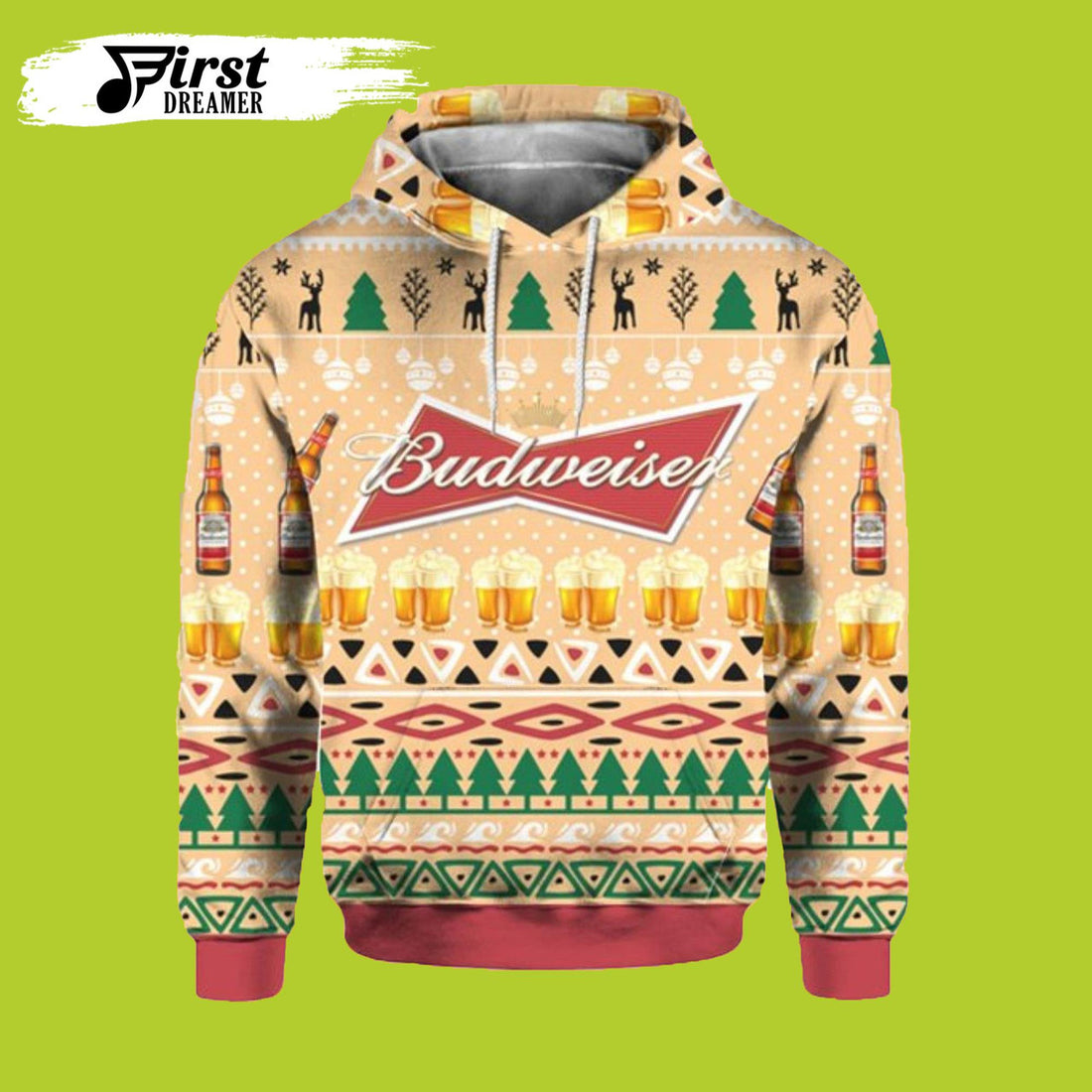 FUNSTUFFPRINT Budweiser Beer Bottle Ugly Christmas 3D Beer 3D Hoodie and Zip Hoodie