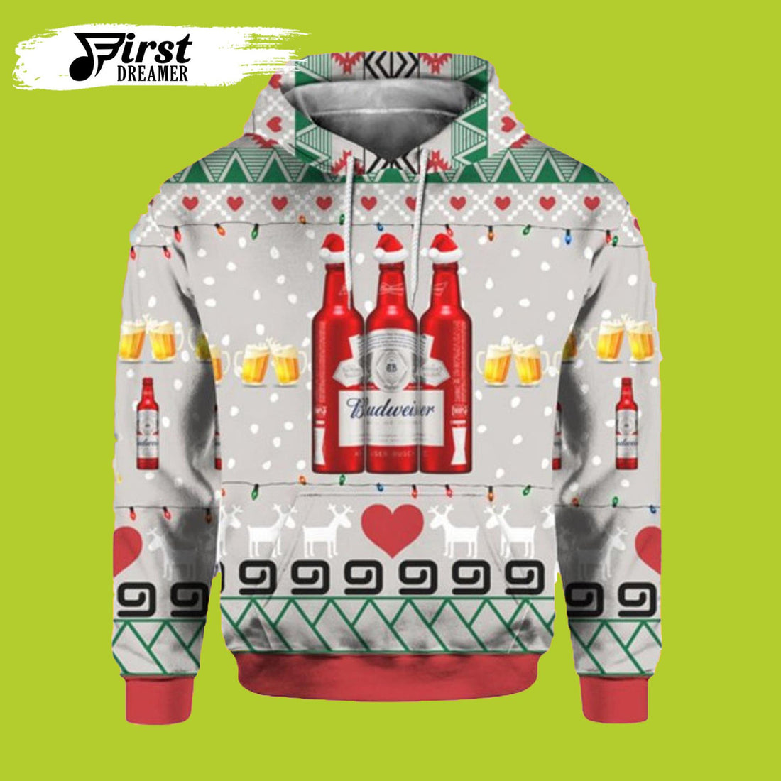 FUNSTUFFPRINT Budweiser Beer Red Bottles Ugly Christmas 3D Hoodie and Zip Hoodie