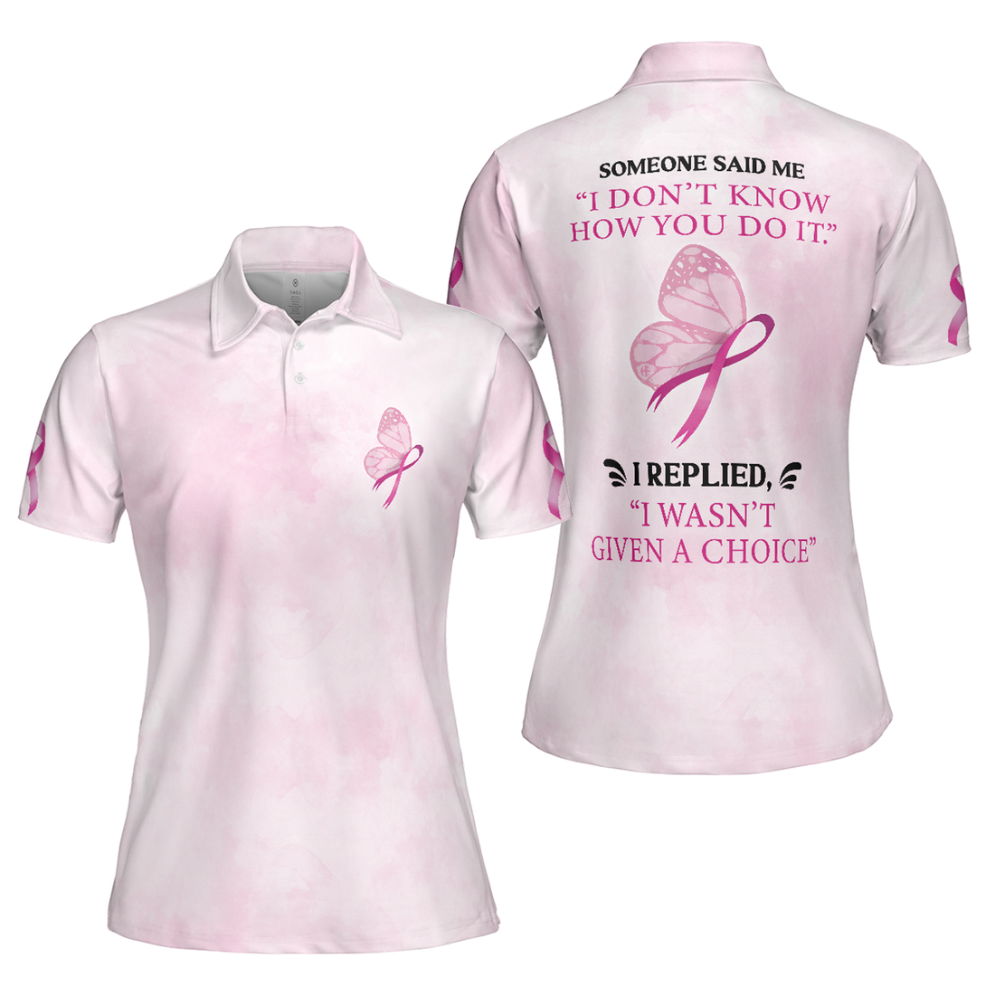 Butterfly Breast Cancer Awareness Short Sleeve Women Polo Shirt, Pink Awareness Ribbon Polo Shirt For Ladies