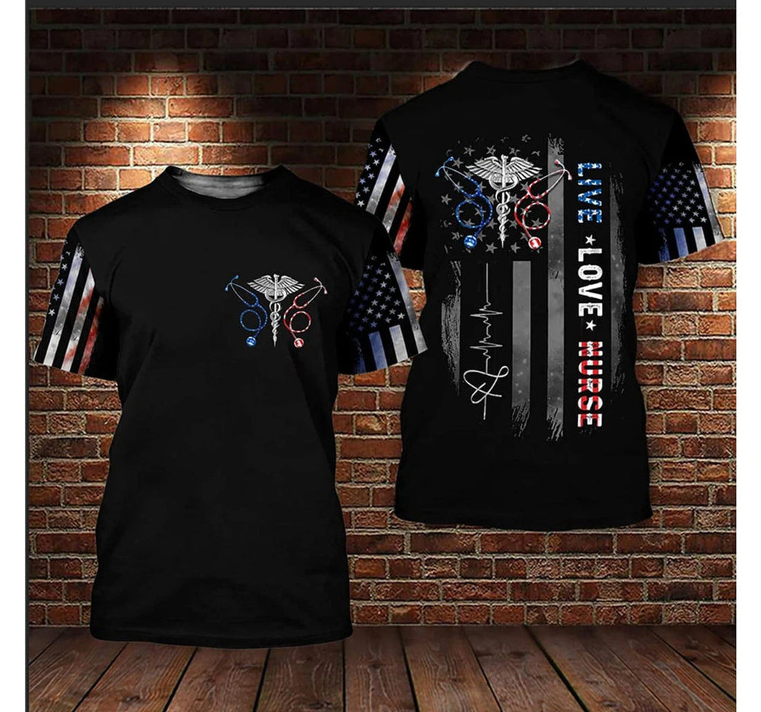 FUNSTUFFPRINT Live Love Nurse American Flag Pattern 3D Shirt, Flag Heart BeaT-Shirt, Nurse Uniform 3D T-shirt