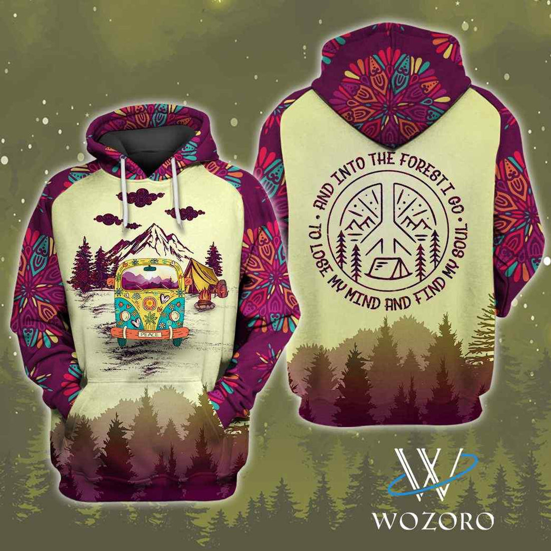 FUNSTUFFPRINT Campervan Into Forest Hippie Camping 3D Hoodie and Zip Hoodie