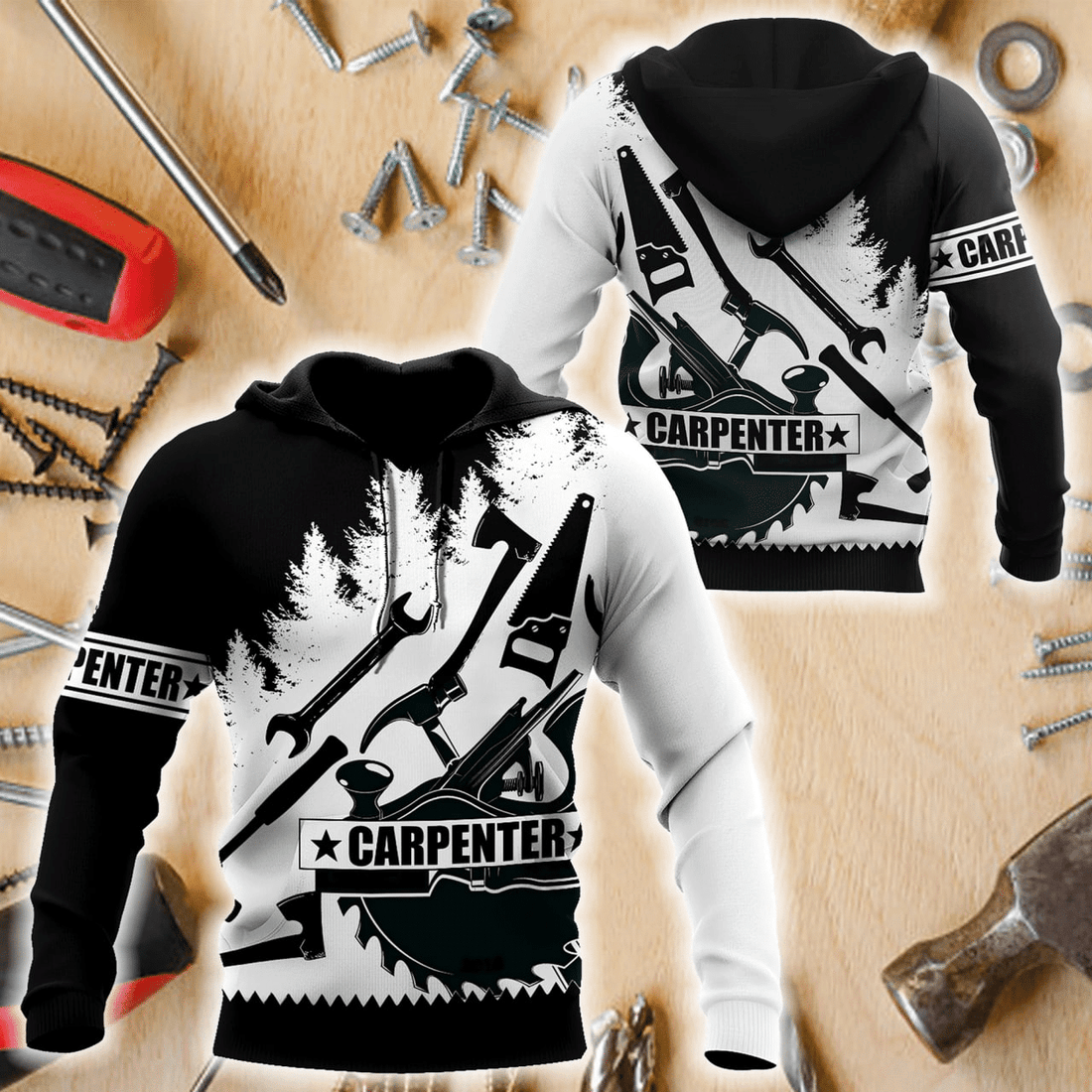 FUNSTUFFPRINT Carpenter Man Tools Black And White 3D Hoodie and Zip Hoodie