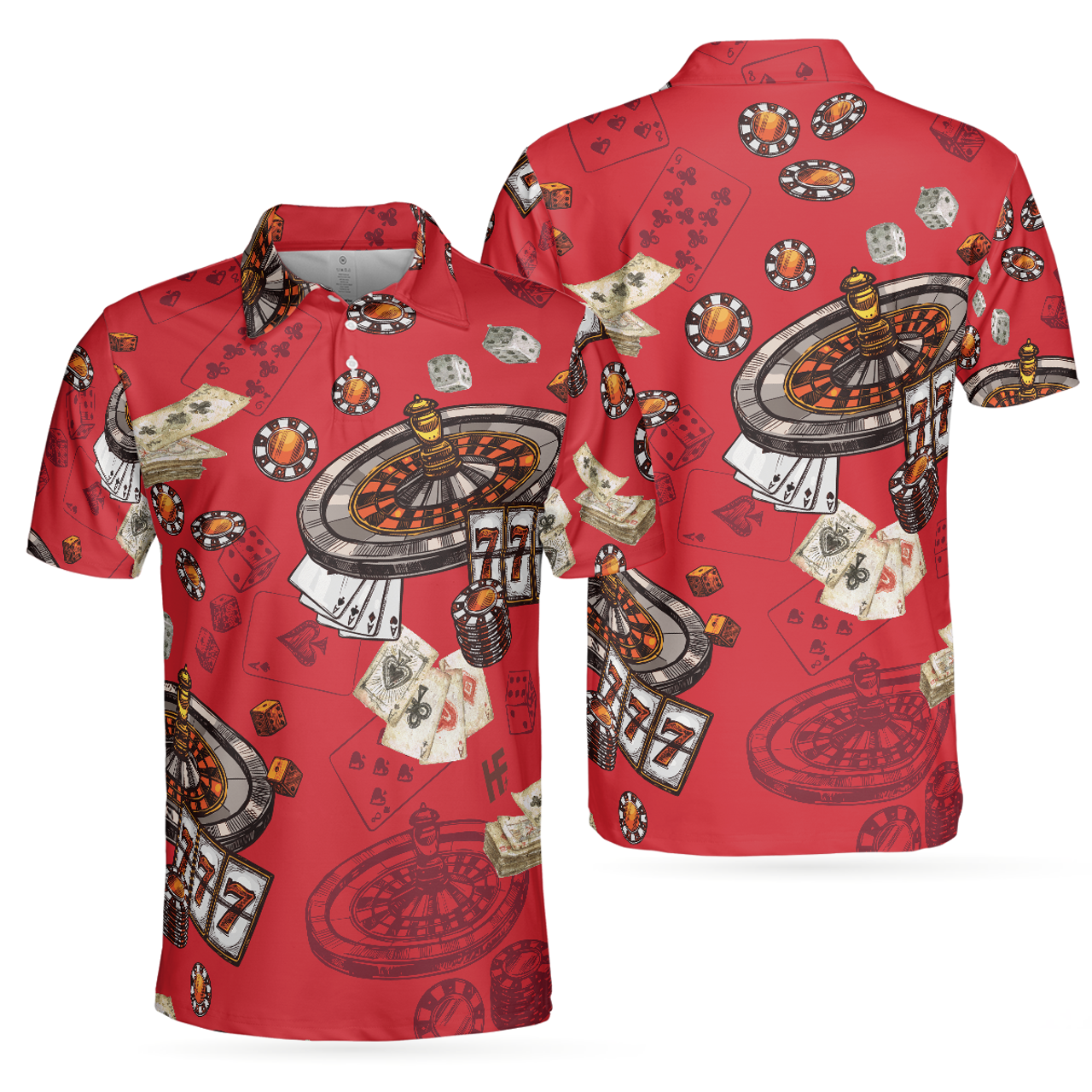 Casino Pattern Red Short Sleeve Polo Shirt, Roulette Wheel Polo Shirt, Best Casino Shirt For Men