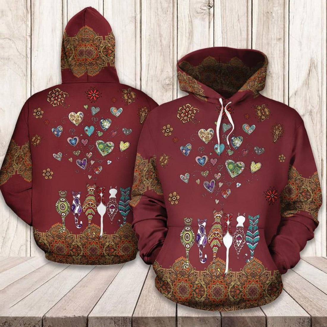FUNSTUFFPRINT Cat Heart Mandala 3D Hoodie and Zip Hoodie