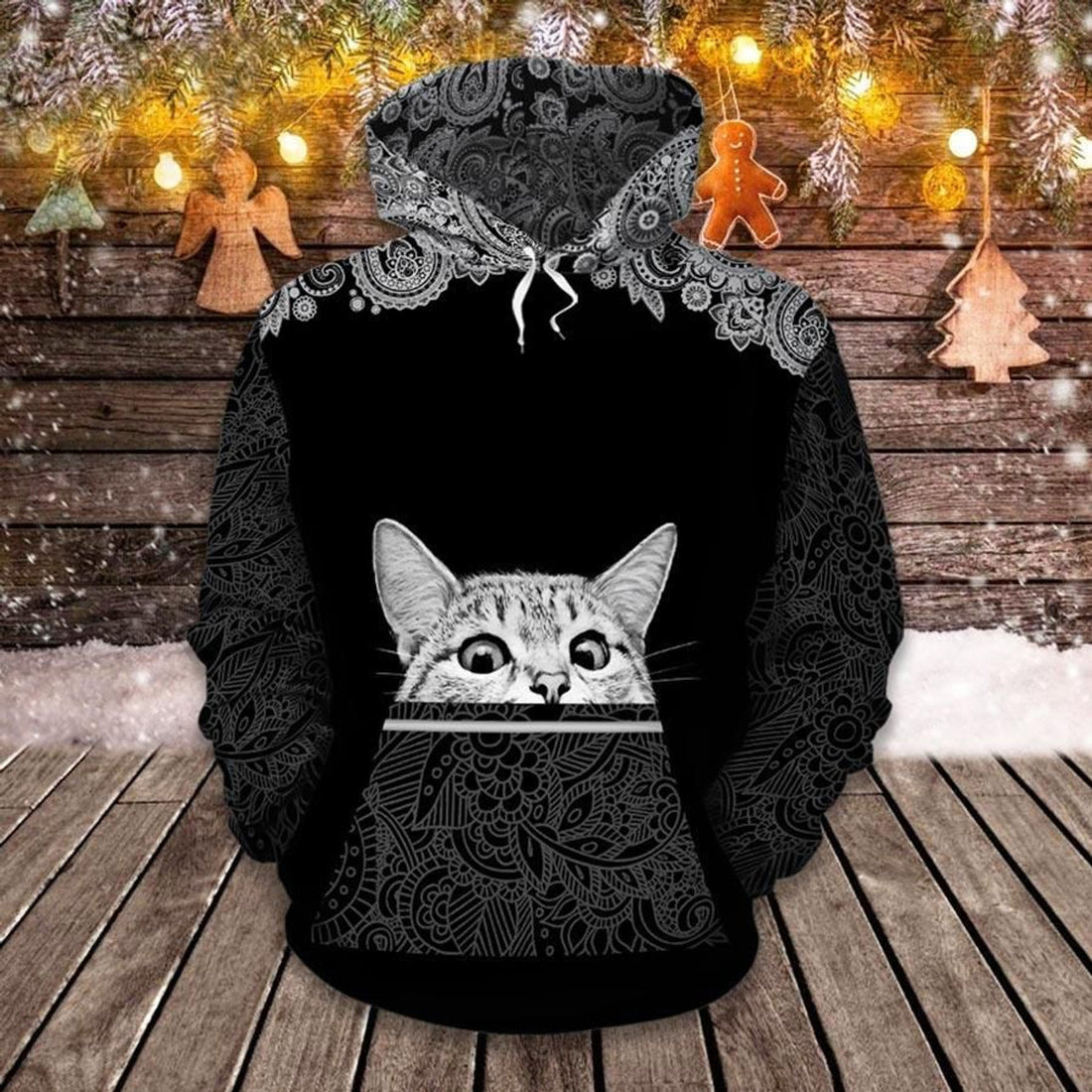 FUNSTUFFPRINT Cat Mandala Black White 3D Hoodie and Zip Hoodie