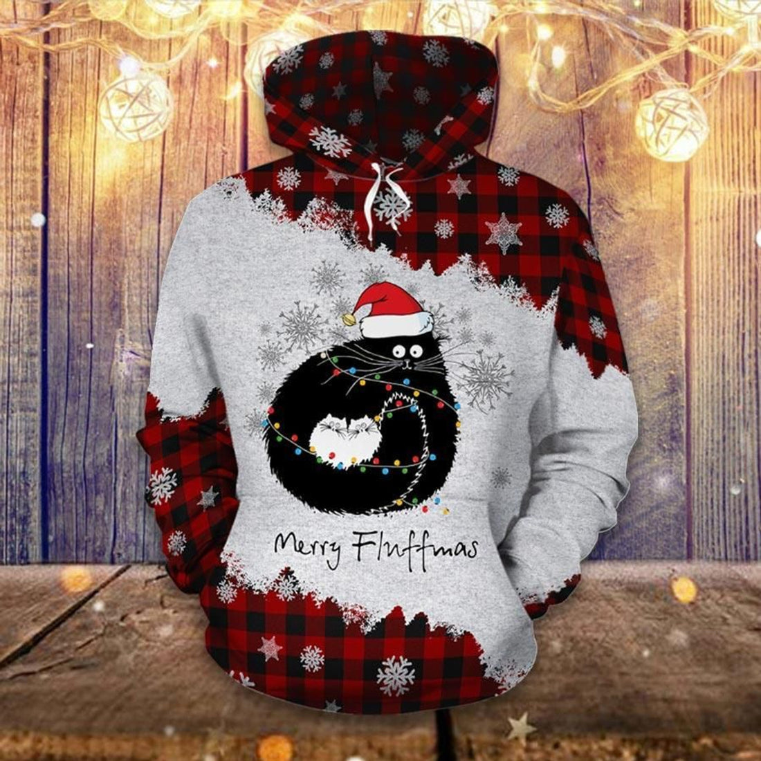 FUNSTUFFPRINT Cat Merry Fluffmas Cartoon Red Plaid Cat Lover Cat Shirt Cat Fashion Grey 3D Hoodie and Zip Hoodie