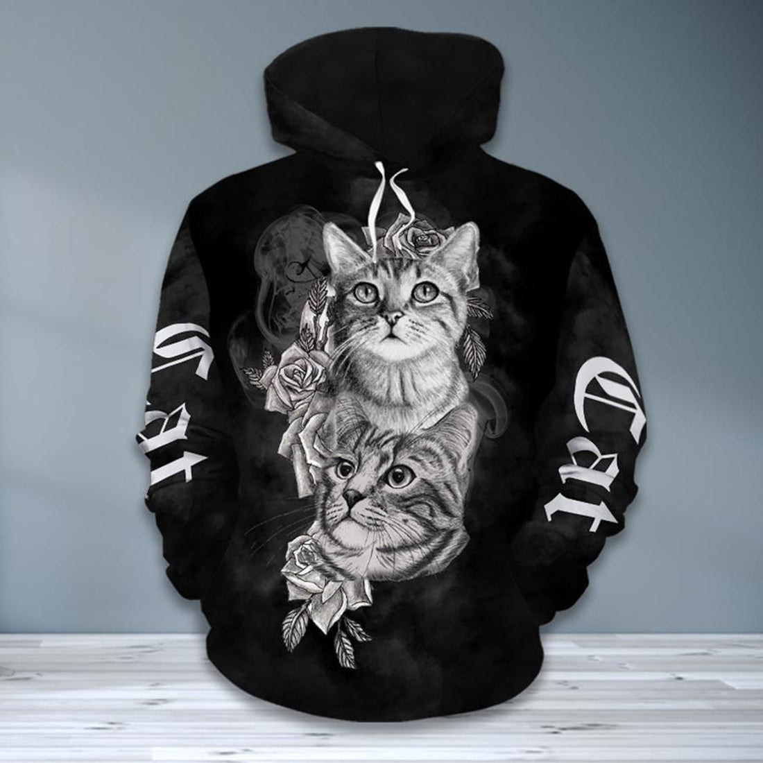 FUNSTUFFPRINT Cat Rose Black 3D Hoodie and Zip Hoodie