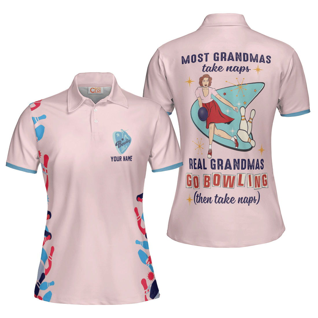 Custom Real Grandmas Go Bowling Short Sleeve Women Polo Shirt, Custom Name Bowling Shirt, Pink Grandma Bowling Shirt - Best Bowling Gift For Women
