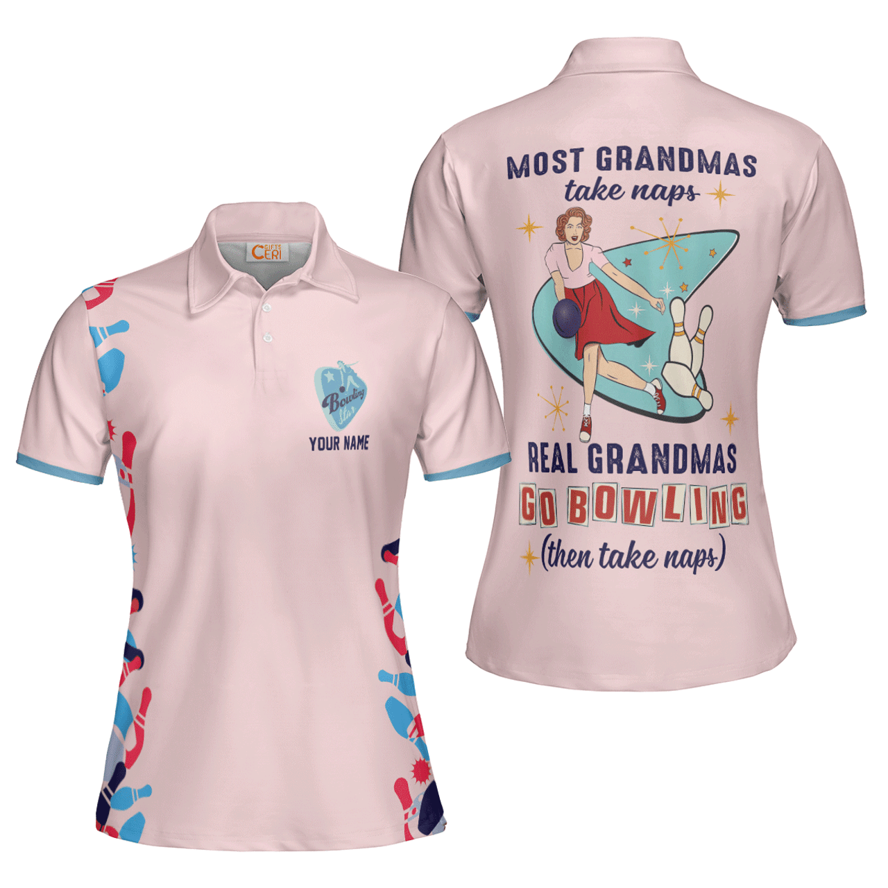 Custom Real Grandmas Go Bowling Short Sleeve Women Polo Shirt, Custom Name Bowling Shirt, Pink Grandma Bowling Shirt - Best Bowling Gift For Women