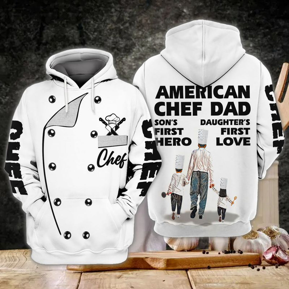 FUNSTUFFPRINT Chef American Chef Dad Sons Daughters First Hero First Love 3D Hoodie and Zip Hoodie