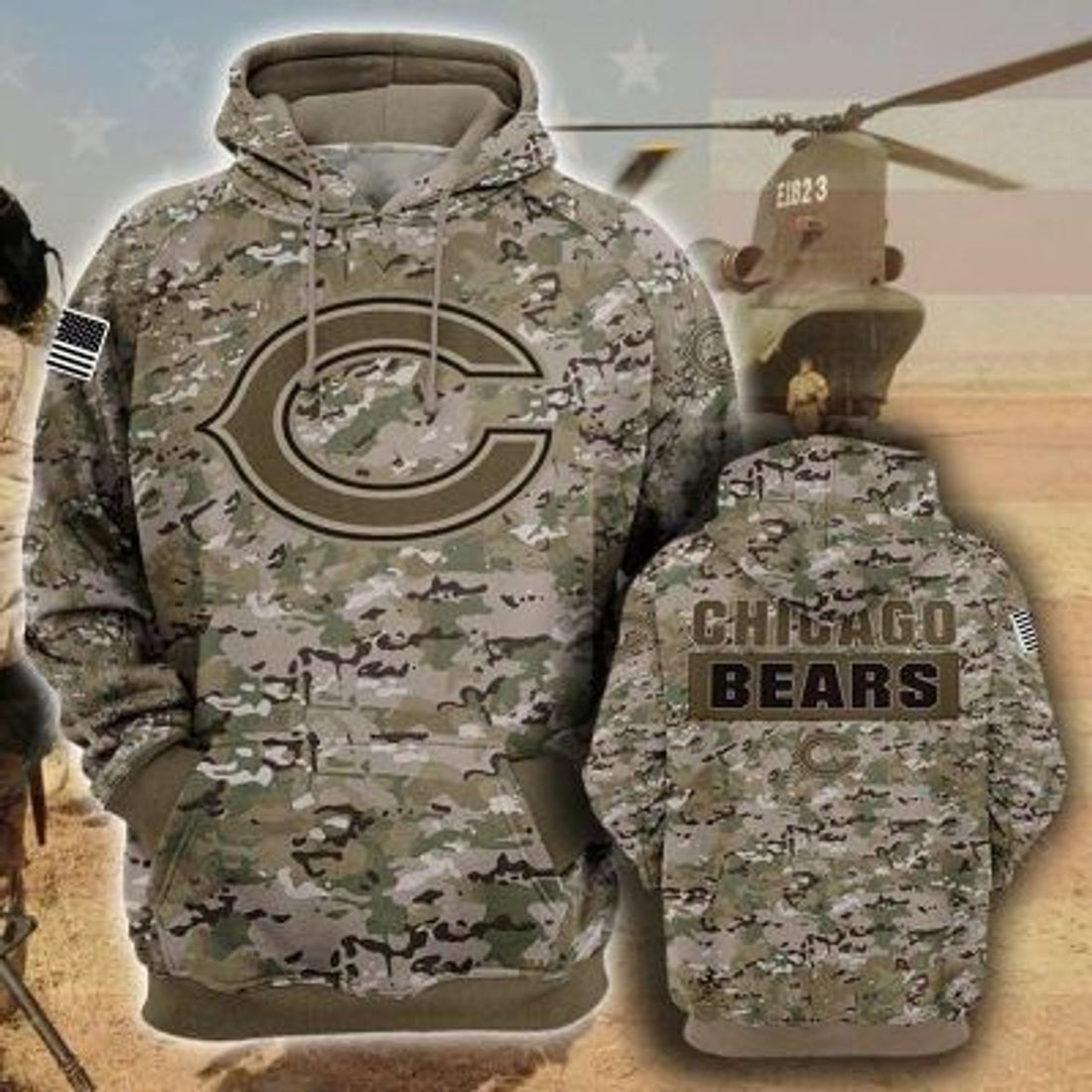 FUNSTUFFPRINT Chicago Bears Camouflage Veteran 3D Hoodie and Zip Hoodie