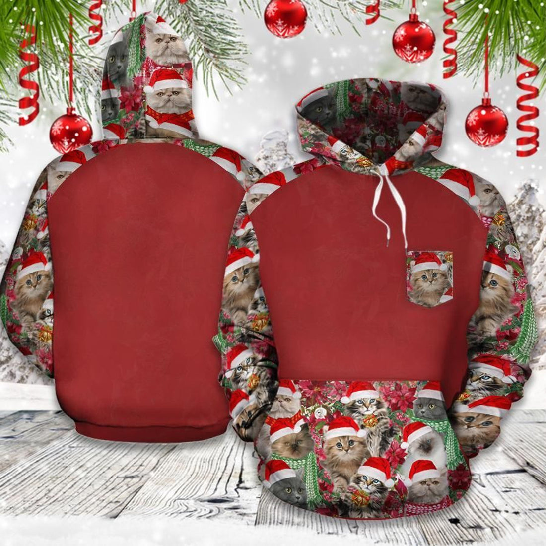 FUNSTUFFPRINT Christmas Cat Pattern Red 3D Hoodie and Zip Hoodie