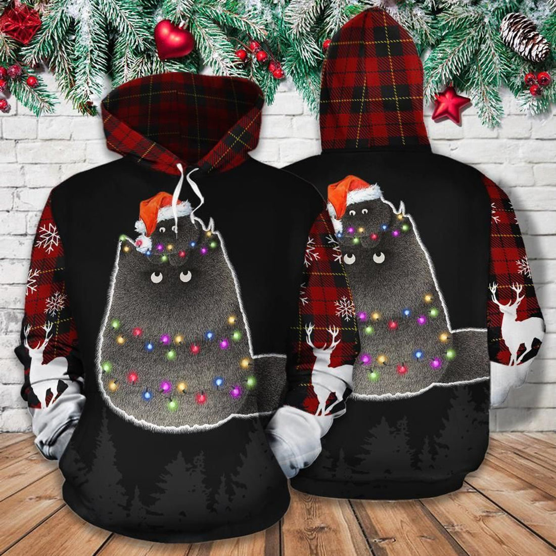 FUNSTUFFPRINT Christmas Cat Red Plaid 3D Hoodie and Zip Hoodie