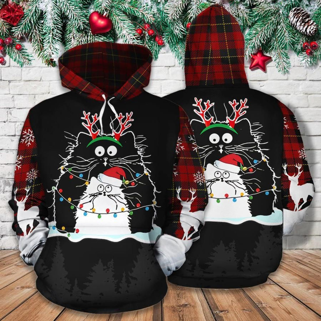 FUNSTUFFPRINT Christmas Cat Red Plaid 3D Hoodie and Zip Hoodie