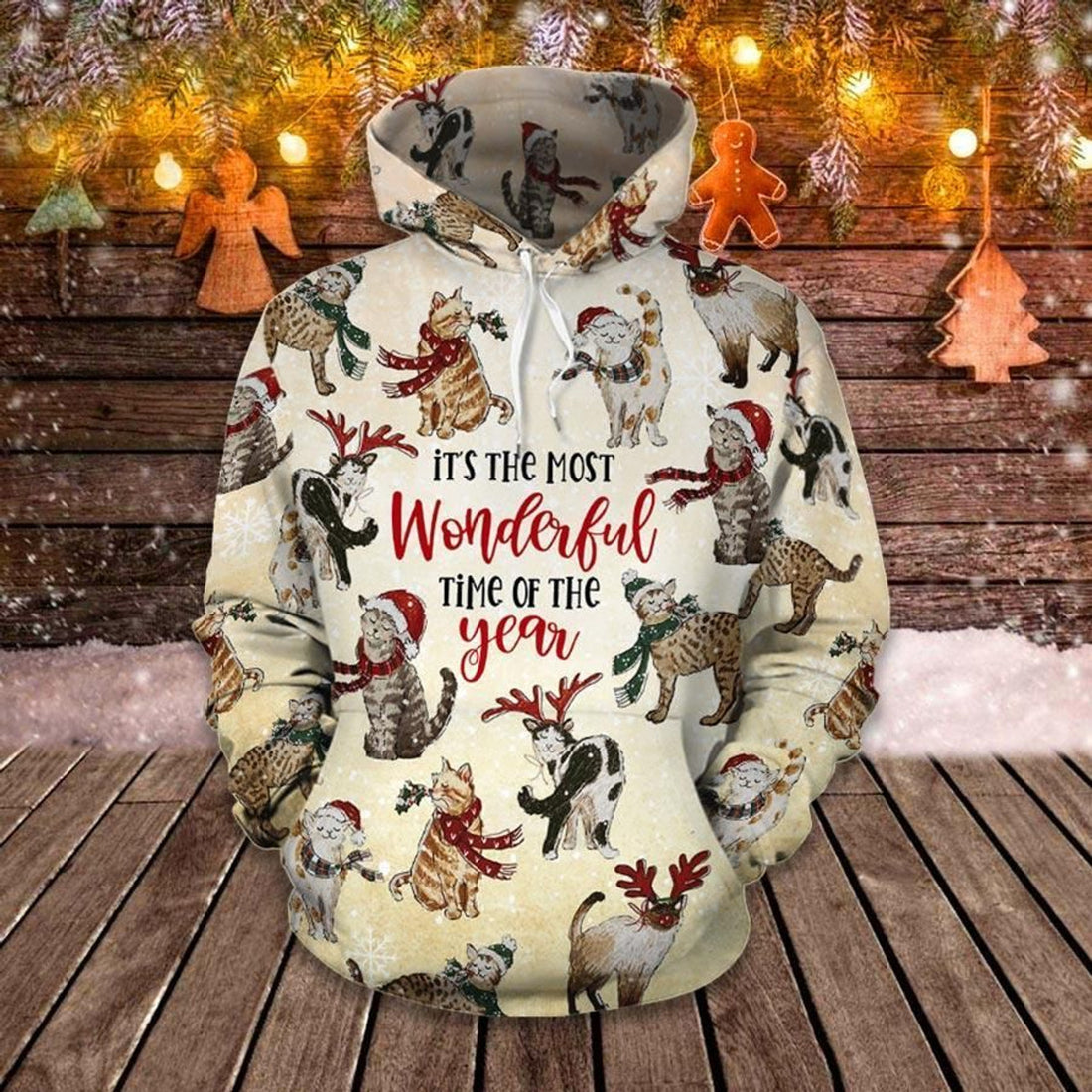 FUNSTUFFPRINT Christmas Cat Wonderful Time Of A Year 3D Hoodie and Zip Hoodie