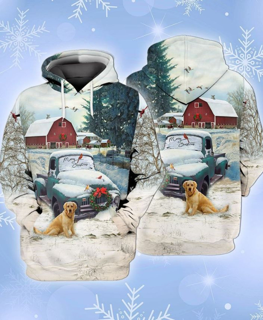 FUNSTUFFPRINT Christmas Farm Blue Truck With Red Barn And Retriever Dog 3D Hoodie and Zip Hoodie