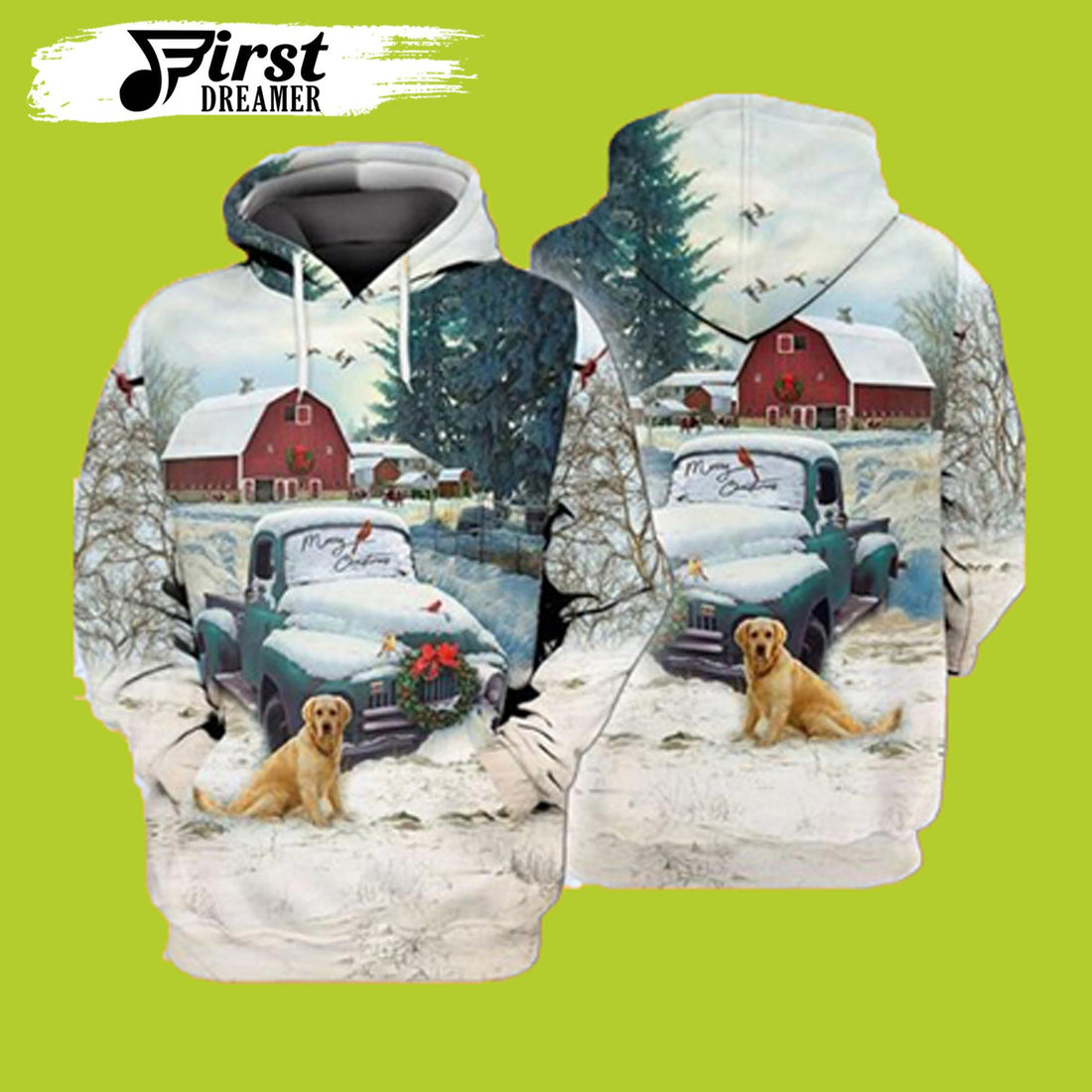 FUNSTUFFPRINT Christmas Farm Blue Truck With Red Barn And Retriever Dog Christmas 3D Hoodie and Zip Hoodie