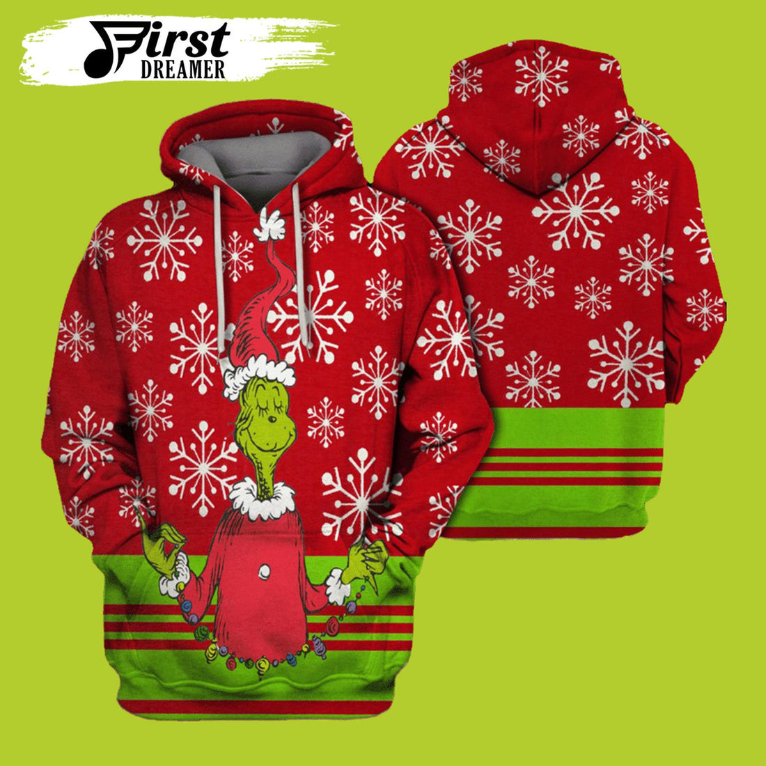 FUNSTUFFPRINT Christmas Grinch Snowflakes Red Green Grinch 3D Hoodie and Zip Hoodie