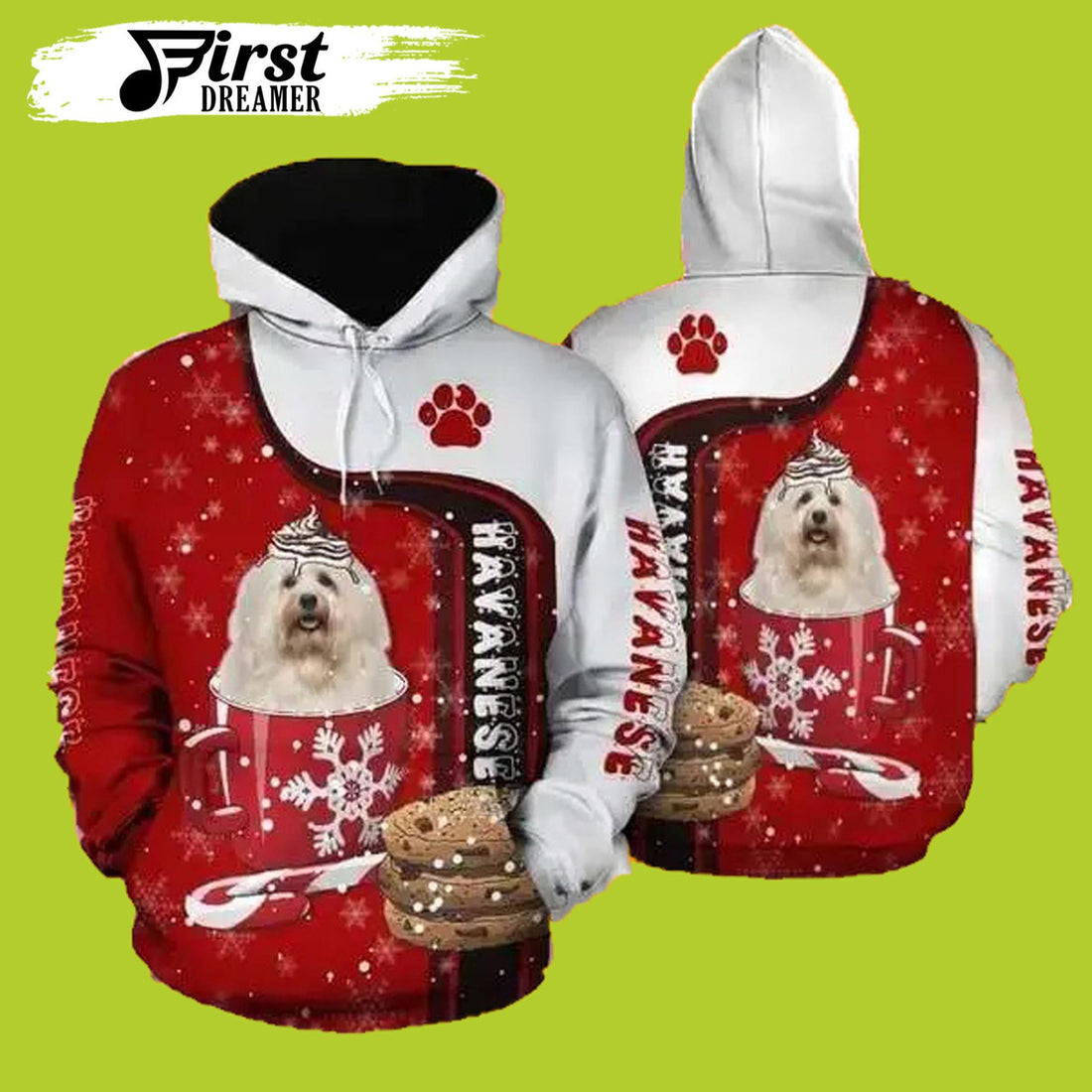 FUNSTUFFPRINT Christmas Havanese Red And White Dog Christmas 3D Hoodie and Zip Hoodie