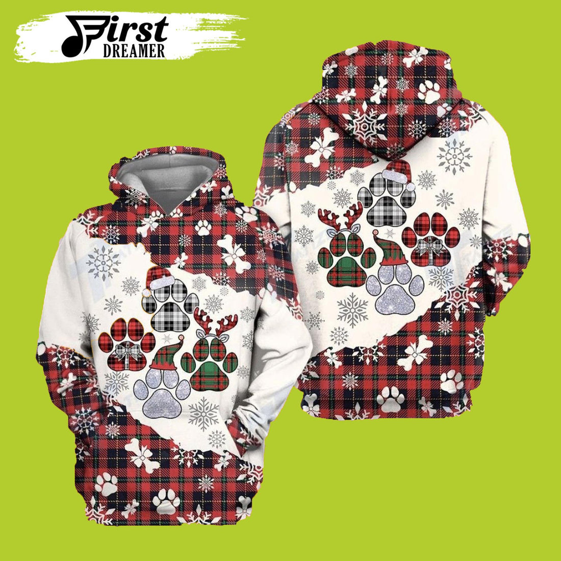 FUNSTUFFPRINT Christmas Tartan Dog Paw Dog Christmas 3D Hoodie and Zip Hoodie