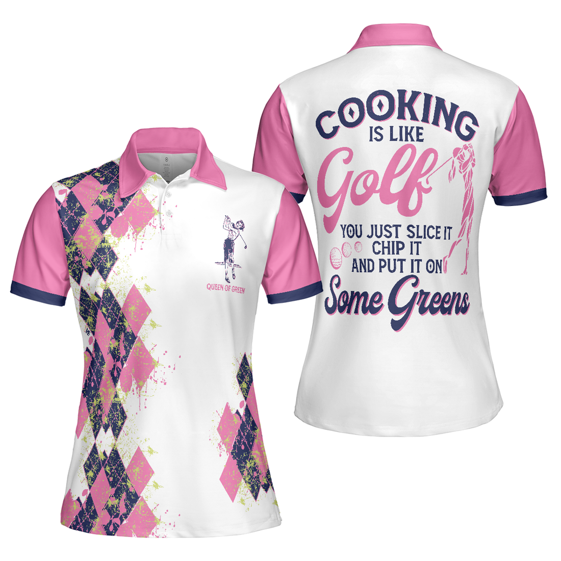 Cooking Is Like Golf Slice Chip And Put On Some Greens Women Polo Shirt, Argyle Pattern Funny Golf Polo Shirt For Ladies