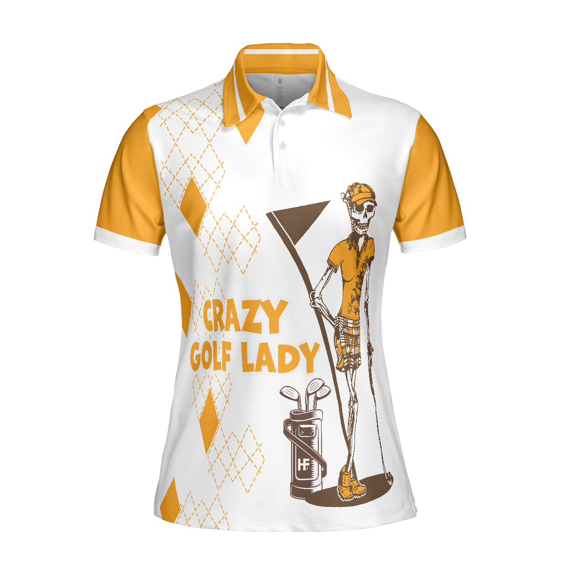Crazy Golf Lady Short Sleeve Women Polo Shirt, White And Yellow Golf Shirt For Ladies, Funny Female Golf Gift