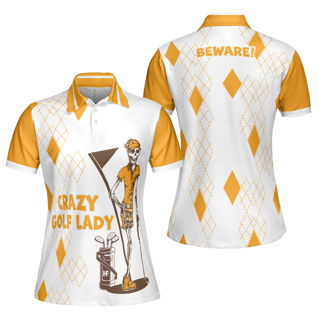 Crazy Golf Lady Short Sleeve Women Polo Shirt, White And Yellow Golf Shirt For Ladies, Funny Female Golf Gift
