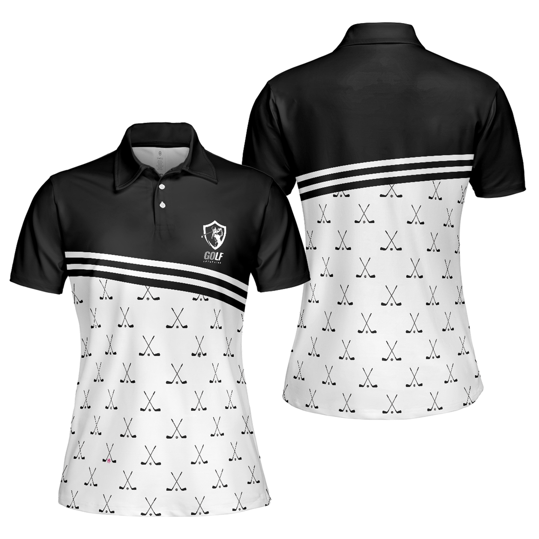 Crossed Black Golf Clubs Golf Short Sleeve Women Polo Shirt, Black And White Golf Shirt For Ladies