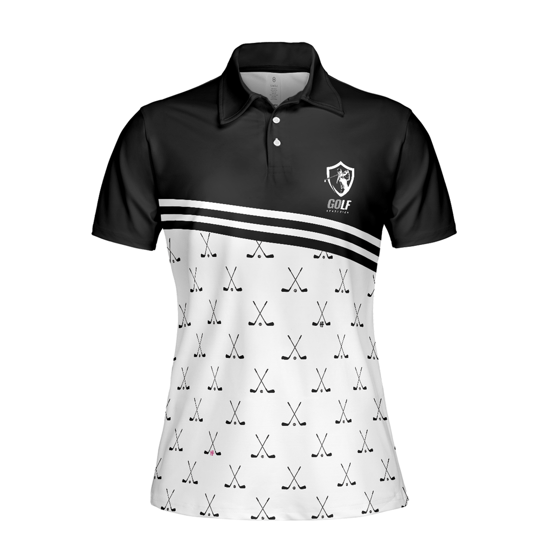 Crossed Black Golf Clubs Golf Short Sleeve Women Polo Shirt, Black And White Golf Shirt For Ladies