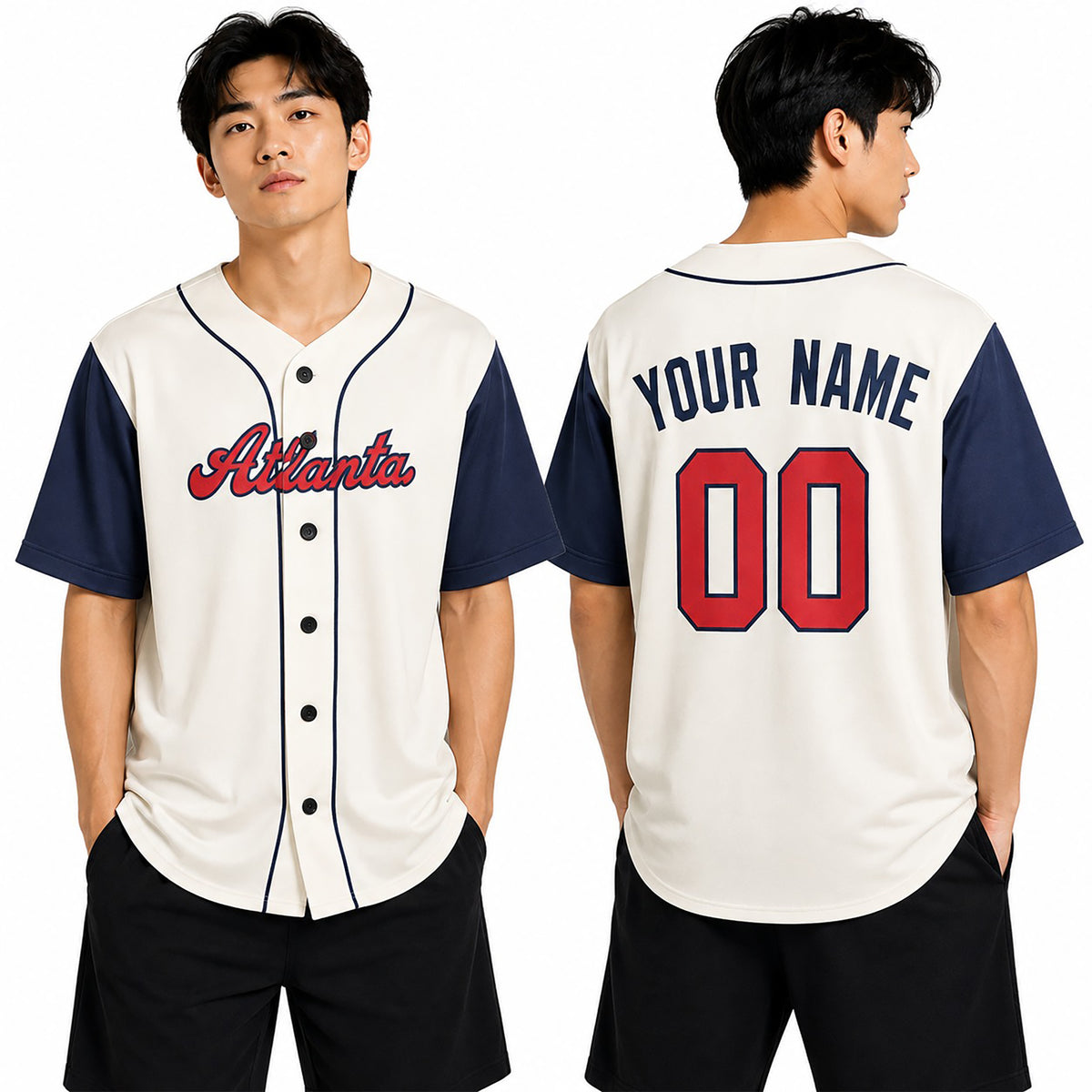 Custom Atlanta Baseball Jersey – Cream Navy Two-Tone Fashion Style, Personalized Name & Number for Kids & Adults-1