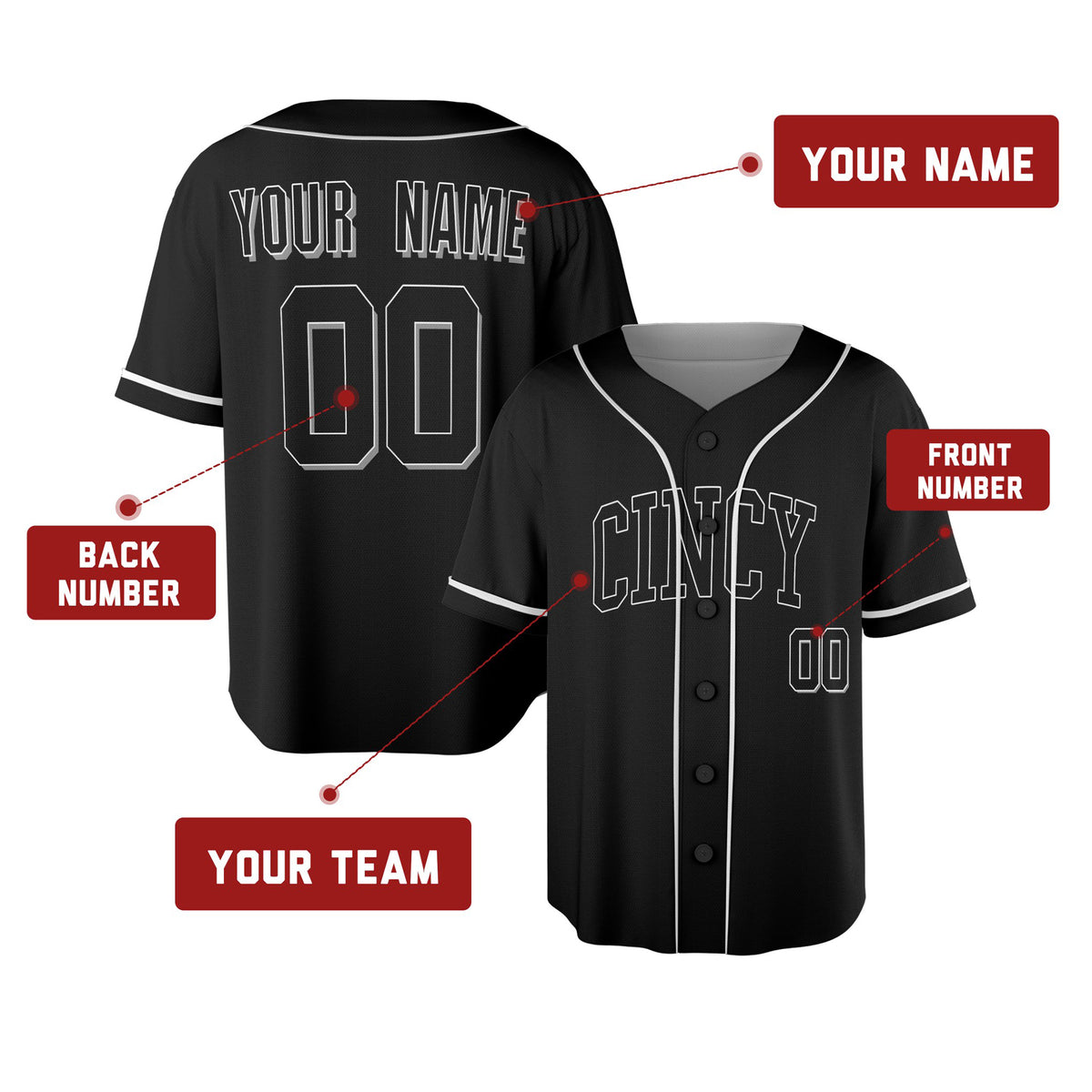 Custom Cincinnati Baseball Jersey – Blackout Outline Style, Personalized Name & Number for Kids & Adults-2