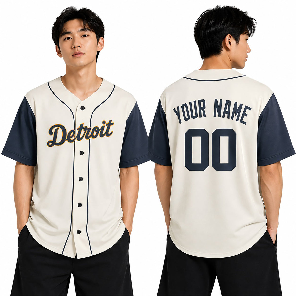 Custom Detroit Baseball Jersey – Cream Navy Two-Tone Fashion Style, Personalized Name & Number for Kids & Adults-1