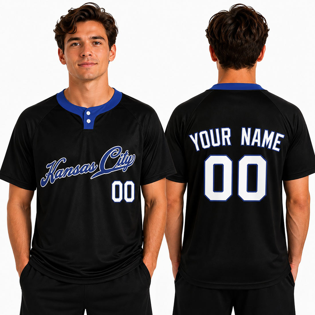 Custom Kansas City Two-Button Baseball Jersey – Blackout Outline Style, Personalized Name & Number for Men, Women & Youth-1
