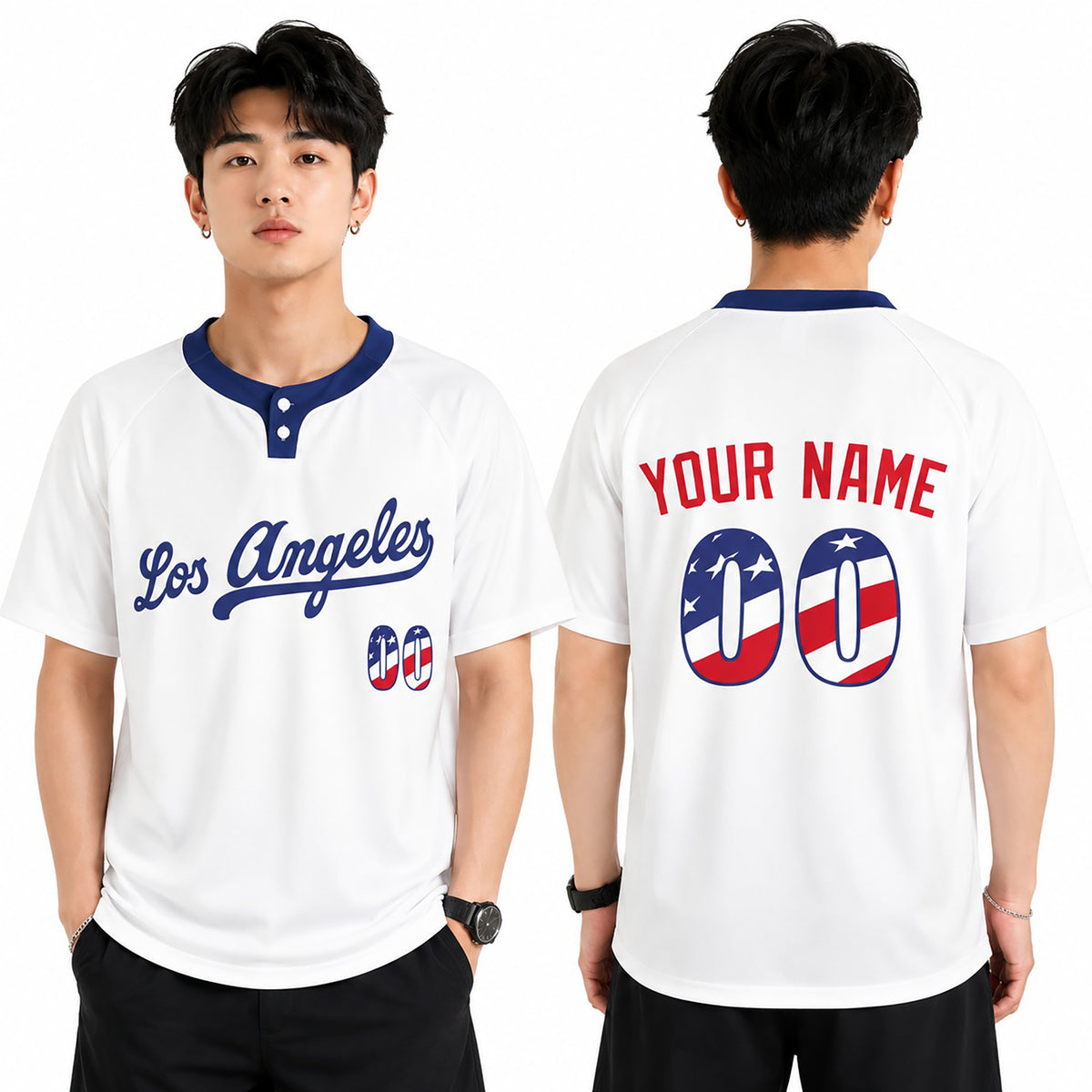 Custom Los Angeles Two-Button Baseball Jersey – USA 250th Fourth of July Style, Personalized Name & Number for Men, Women & Youth-1