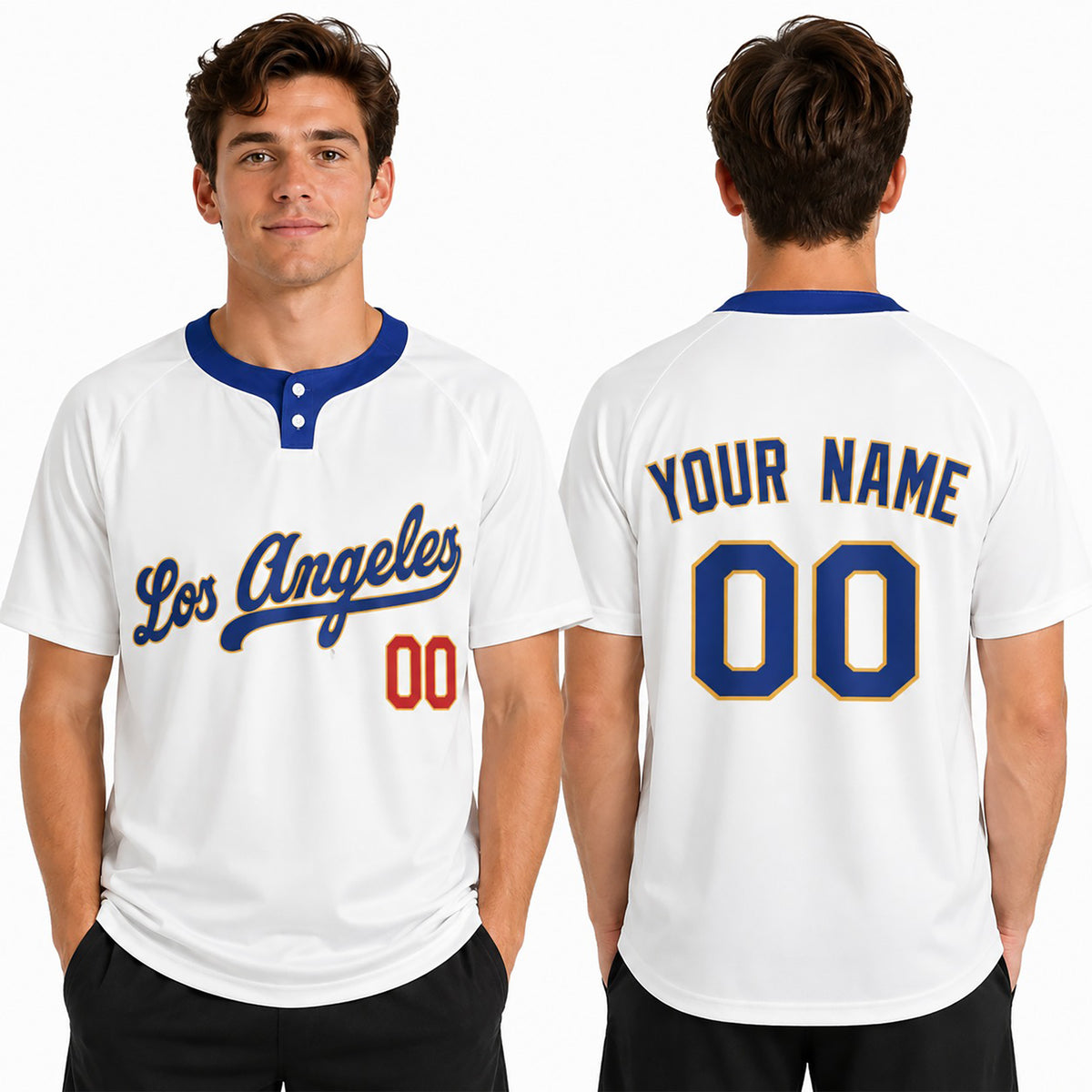 Custom Los Angeles Two-Button Baseball Jersey – White Classic Style, Personalized Name & Number for Men, Women & Youth-1