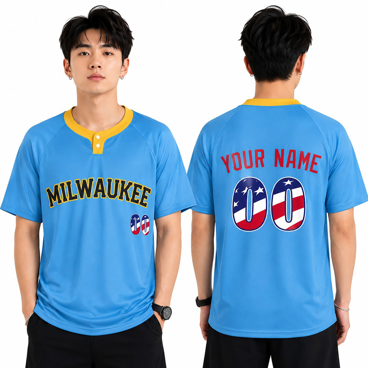 Custom Milwaukee Two-Button Baseball Jersey – USA 250th Fourth of July Stadium Style, Personalized Name & Number for Men, Women & Youth-1