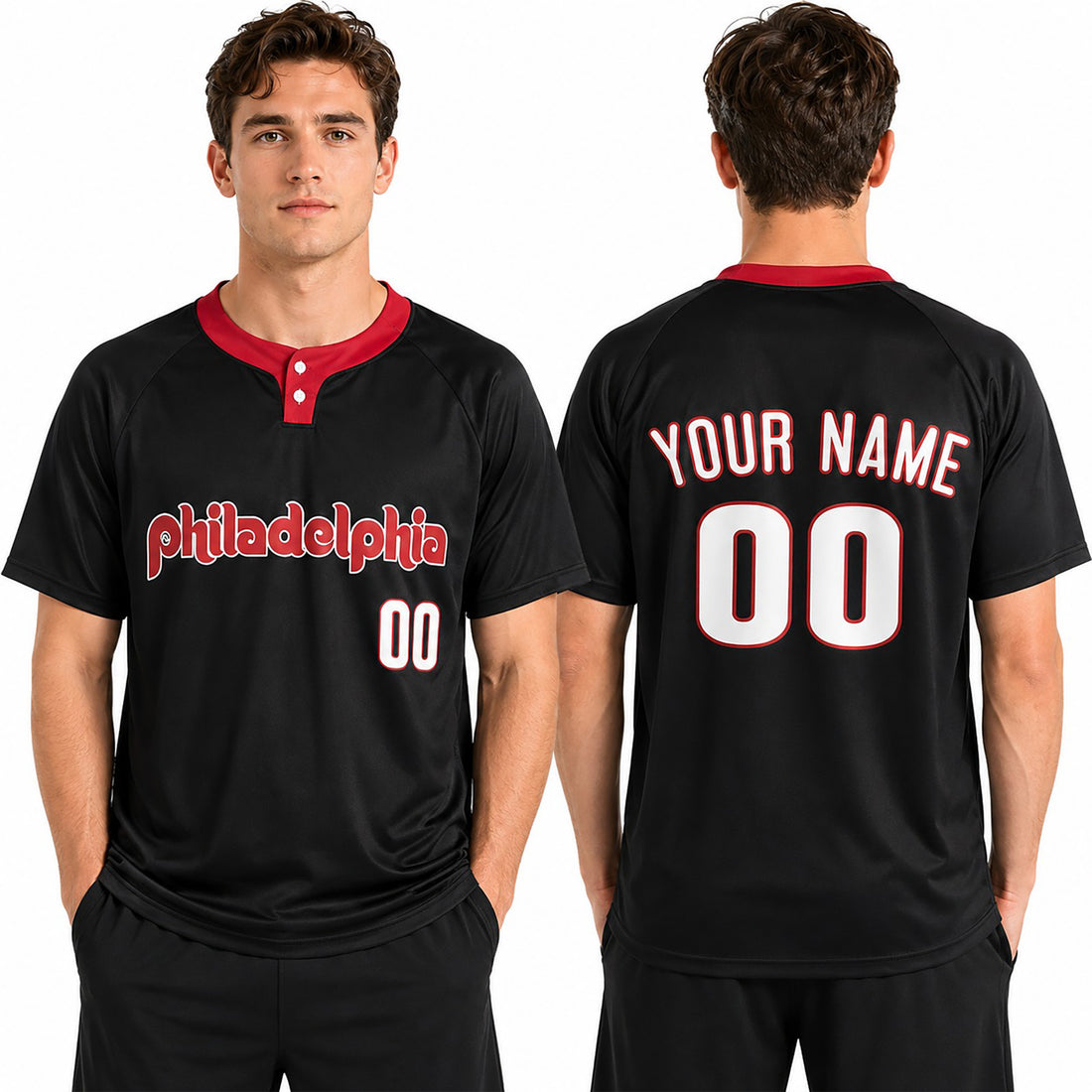 Custom Philadelphia Two-Button Baseball Jersey – Fashion Style, Personalized Name & Number for Men, Women & Youth-1