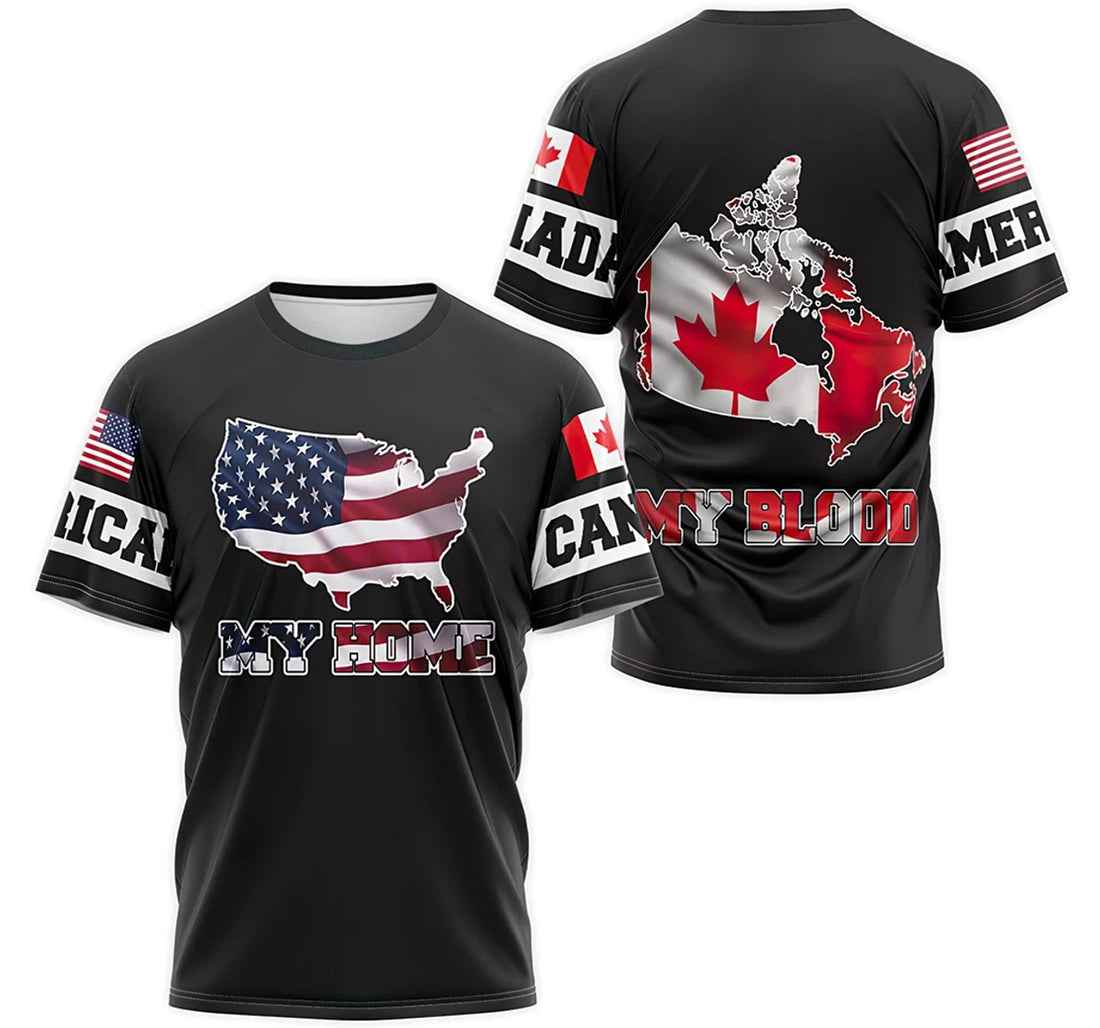 FUNSTUFFPRINT Personalized T-Shirt, Hoodie - My Home My Blood American Canadian On Map 3D T-shirt