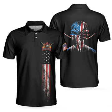 Dark Theme 8-ball Short Sleeve Wet Paint Skull Billiards Polo Shirt, American Flag Billiards Shirt For Men